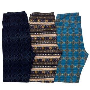 Lot of 3 LuLaRoe OS Leggings Geometric Patterns Blue Black Sage Aqua Yellow